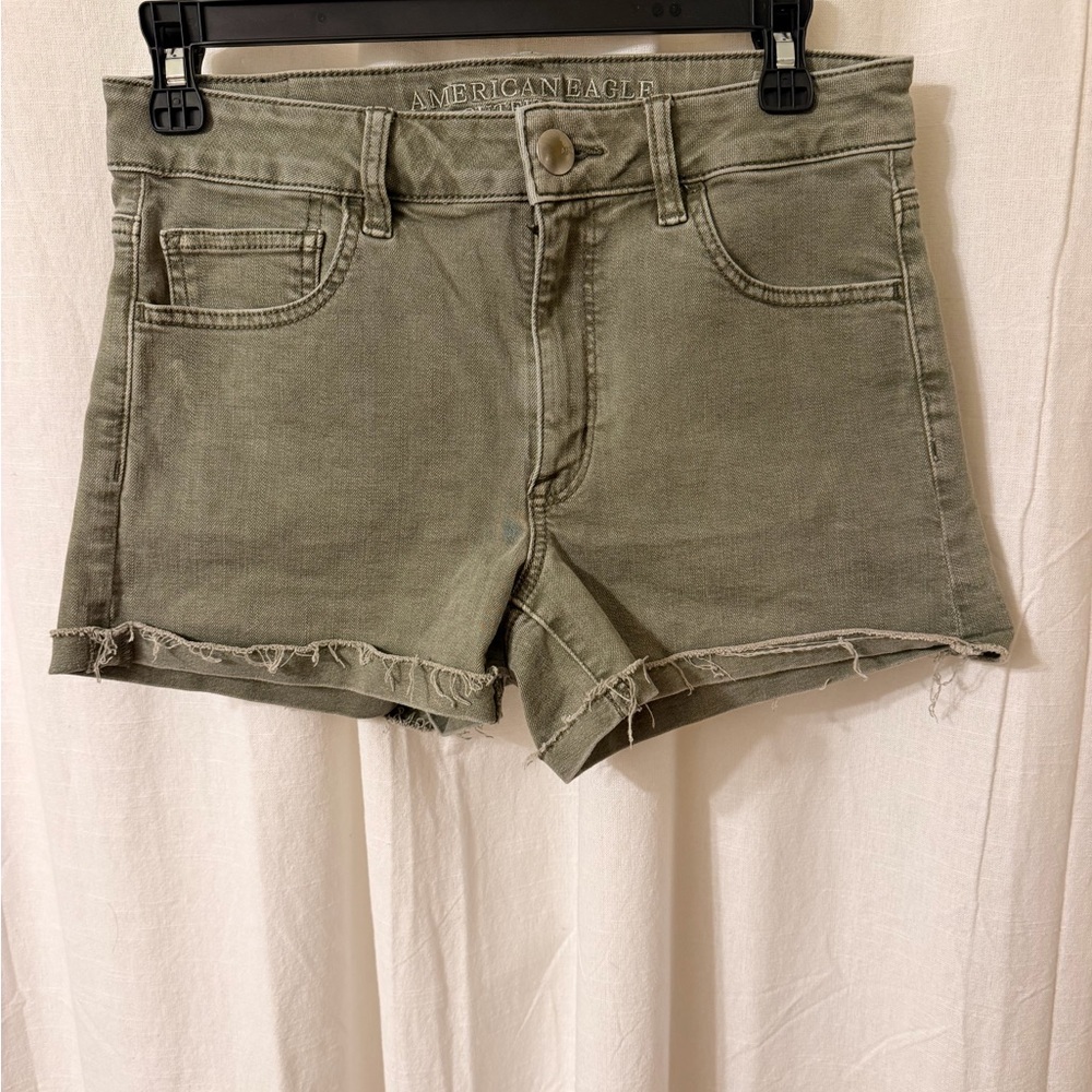 American Eagle Outfitters Olive Green Frayed Hem Denim Shorts